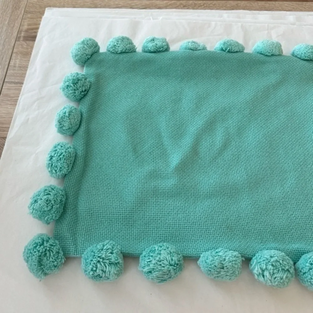 Pottery Barn Teen Pool Green Embroidered‎ P Pom Pom Organic Pillow Cover 12x 24